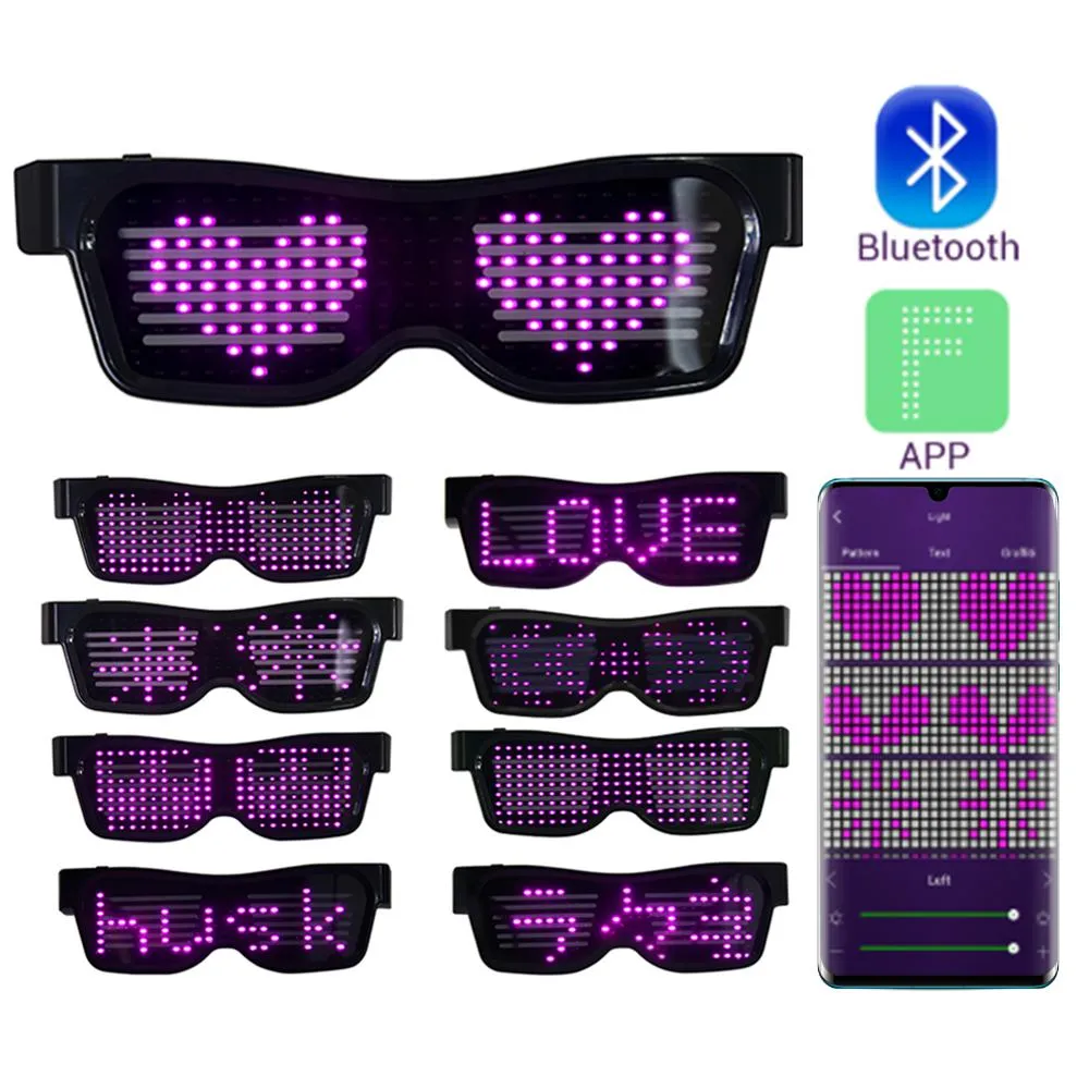 Magische Bluetooth-LED-Partybrille, APP-Steuerschild, leuchtende Brille, USB-Aufladung, DIY-App-Steuerung, mehrsprachige Schnellblitz-LED