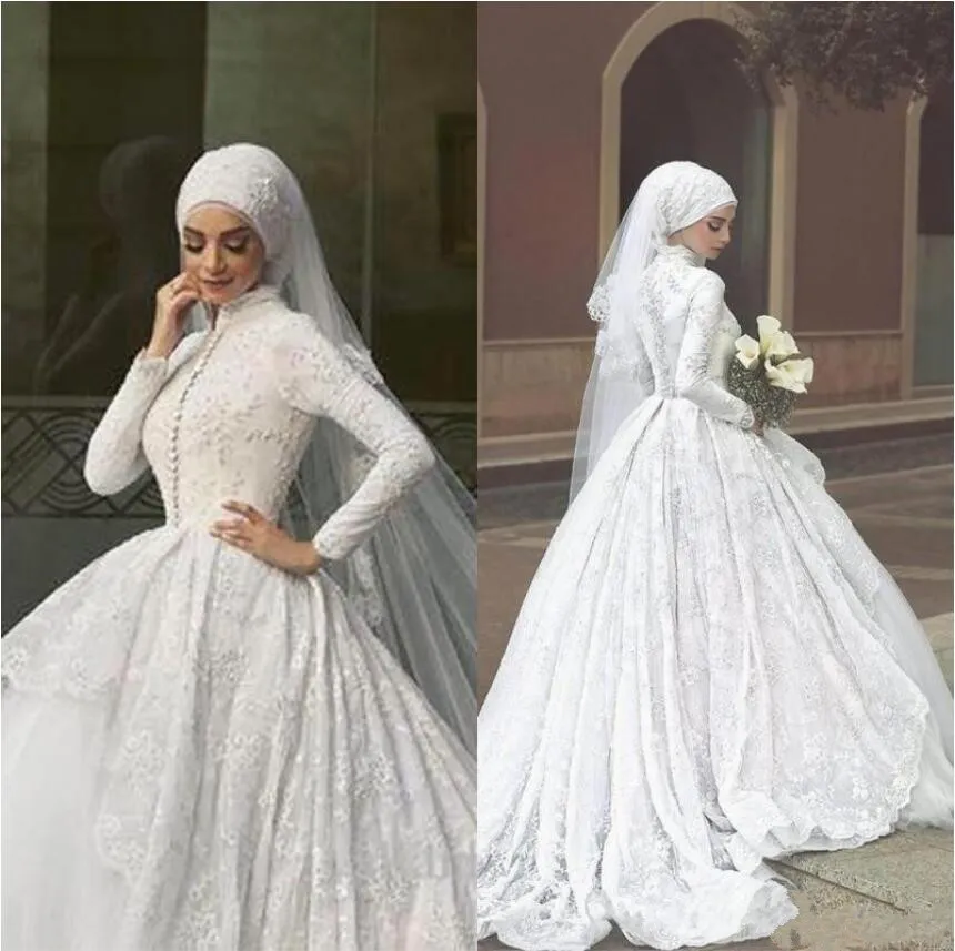 Arabische Islamitische Moslim Trouwjurken Zei Mhamad Lace A Line Bruidsjurken 2019 Lange Mouwen Hoge Neck Midwest Pakistani Abaya Trouwjurk