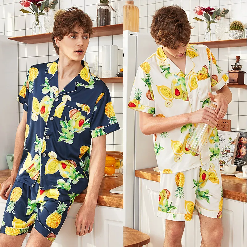 Верхний сорт Print Fruit Men Atin Silk Pajamas Набор футболок Шорты мужской пижамы Досуг Домашняя одежда с коротким рукавом Ночная одежда