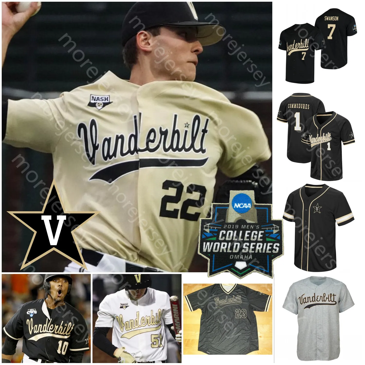 Custom Vanderbilt Commodores Baseball Jersey NCAA College Jersey 2019 WS