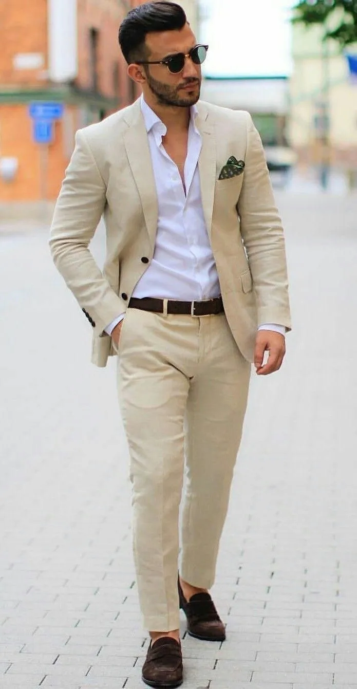 Custom Khaki Linen Groom Tuxedos Wedding Suits For Men Notched Lapel ...