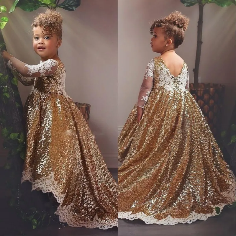 2024 Glitter Gold Flower Girl Dresses Long Sleeve Hi Lo Ball Gown Sequins Lace Applique Toddler Teens Wedding Communion Christening