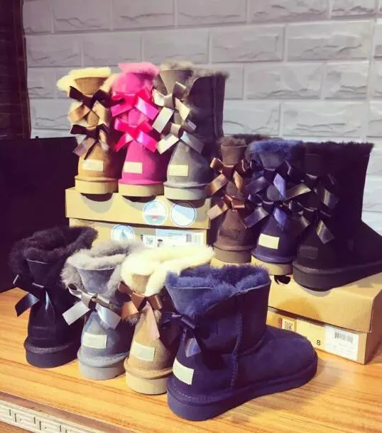 Dzieci dorosłych rozmiar 21-44 śniegowce buty damskie krótkie Mini klasyczne kolana wysokie buty zimowe projektant Bailey Bow kostki Bowtie czarne szare buty