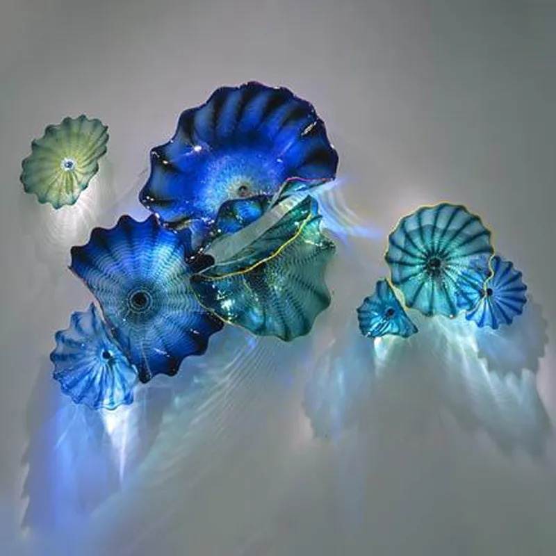 Mavi Teal Gölge 100% Murano Asılı Plaka Sanat Lambası Borosilikat El Üflemeli Cam Çiçek Duvar Sanatı Plakaları