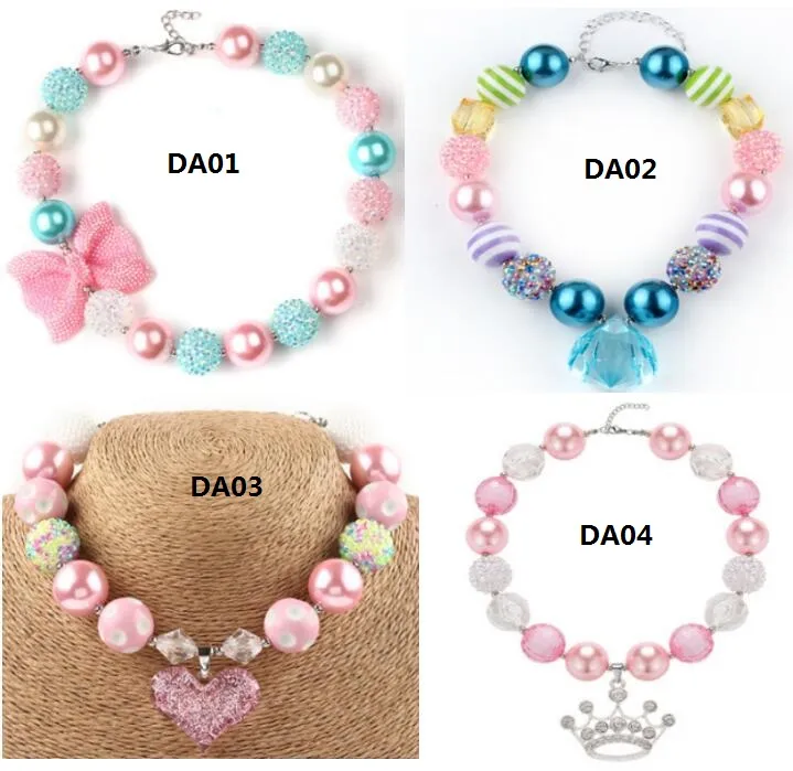 Mooie bubblegum kraal ketting hangers kroon kristal hart charms prinses kralen ketting voor kinderen meisjes mix groothandel