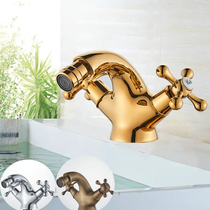 Gold Bidet Basin Faucet Dual Handles Water Bathroom Sink Brass Single Hole Deck Mounted Water Mixer Tap