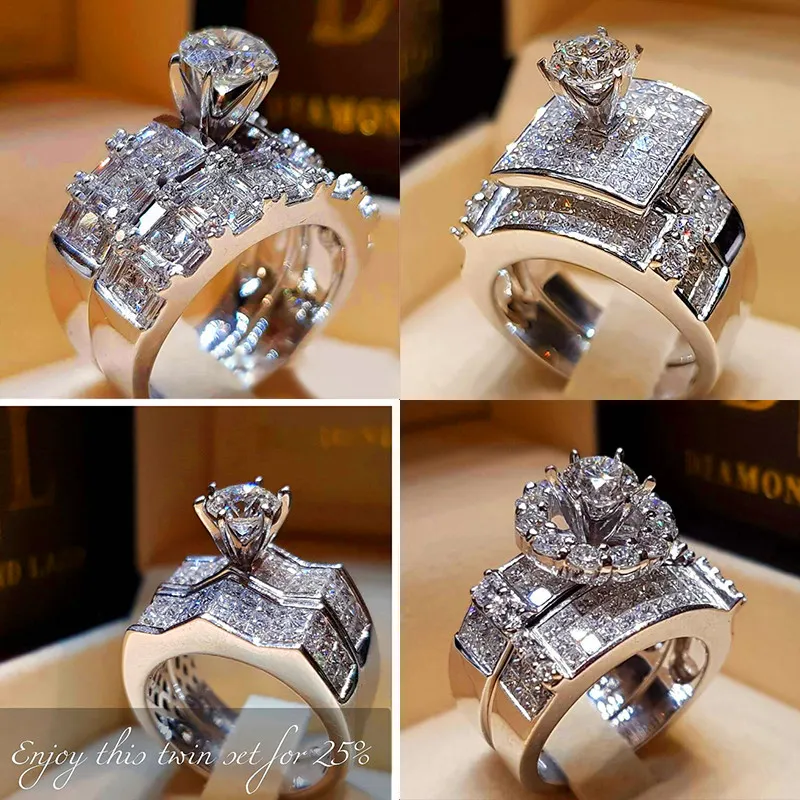 Vecalon Boho Female Diamond Wedding Ring Set Fashion 925 Silver Big Stone Finger Ring Promise Bridal Engagement Rings For Women