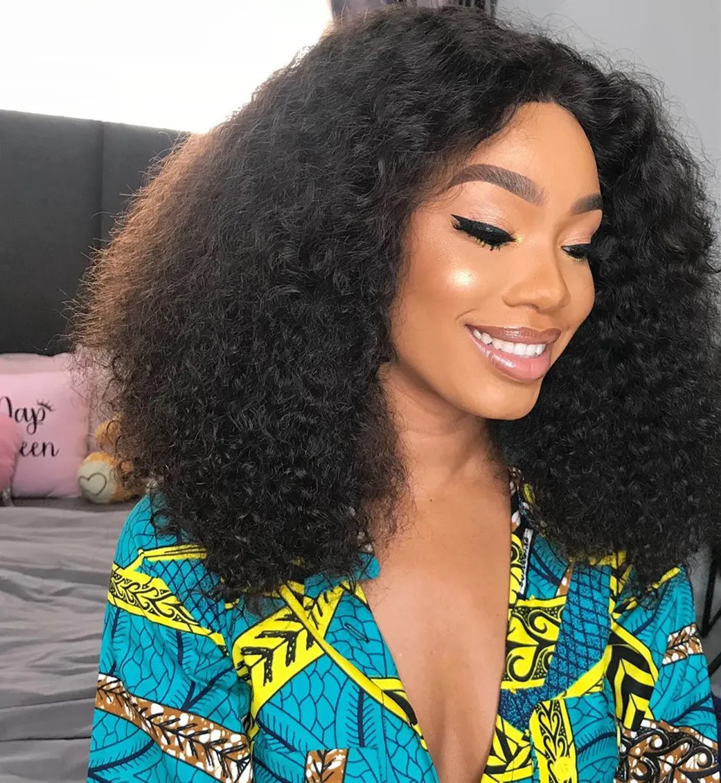 Krótki Naturalny Big Puff Bob Ludzkie Włosy Peruki Afro Kinky Curly 360 Lace Frontal Wig Pre zepsuty 180% Gęstość Koronki Przednia Peruka nieprzetworzona 16 cali