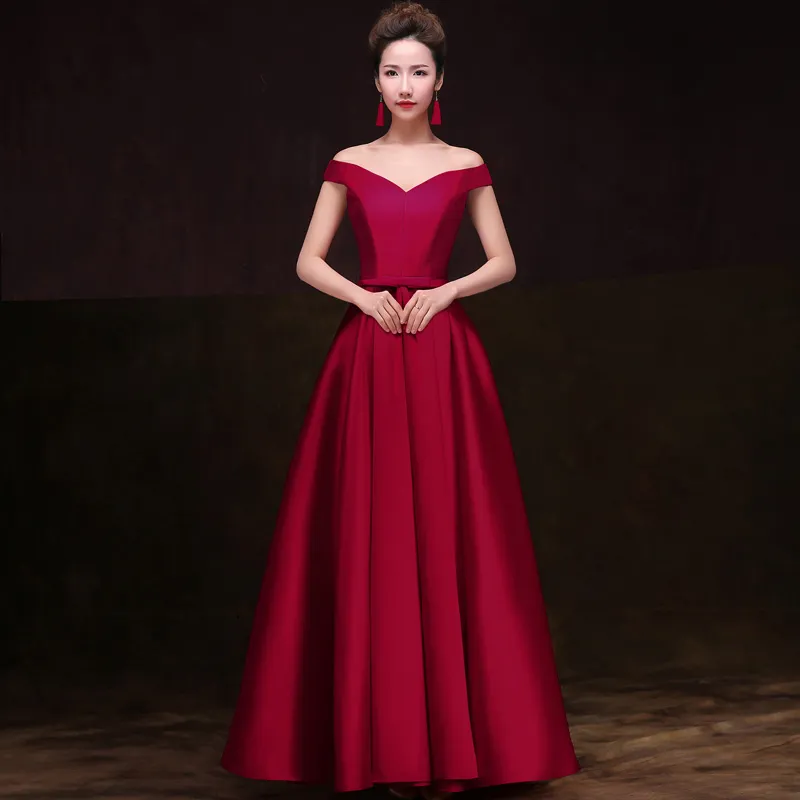 Robes de demoiselle d'honneur à épaules dénudées avec nœud 2019 robe de soirée longue en satin rouge ivoire bordeaux robes de soirée à lacets