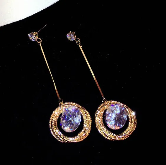 Hyper scintillant ! mode luxe designer zircon cercles ronds longue goutte pendentif balancent lustre boucles d'oreilles pour femme