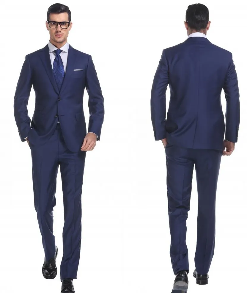 Two Piece Blue Business Party Men Suits notched Lapel Trim Fit Two Button Wedding Groom Tuxedos New (Jacket + Pants) HY6018