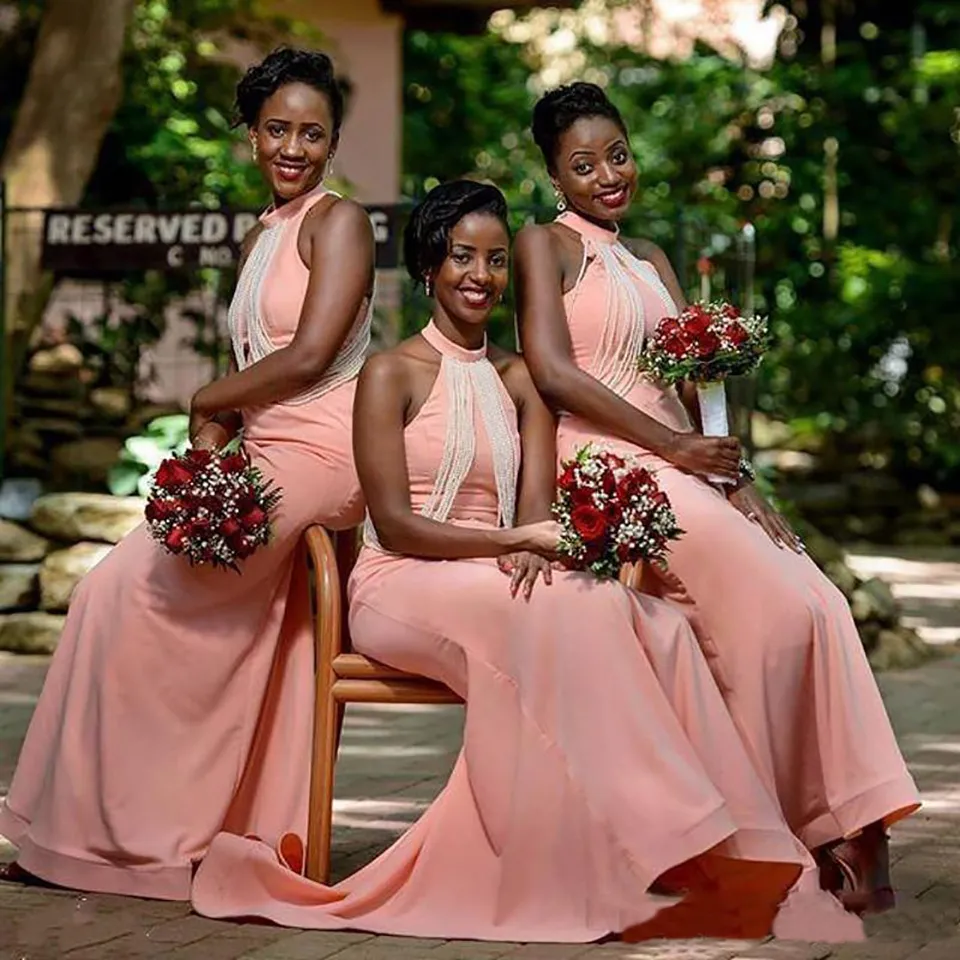 Pink Halter Bridesmaid платья для свадьбы Шифон Русалка Длинная горничная честь платья Южноафриканский развертки поезда дешевое платье невесты BD8995