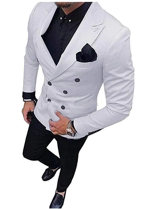 Moda White Groom Smokingi Doskonałe dwurzędowe Groomsmen Kurtka ślubna Blazer Mężczyźni Formalny Prom / Dinnit Garnitur (Kurtka + Spodnie + Krawat) 1211