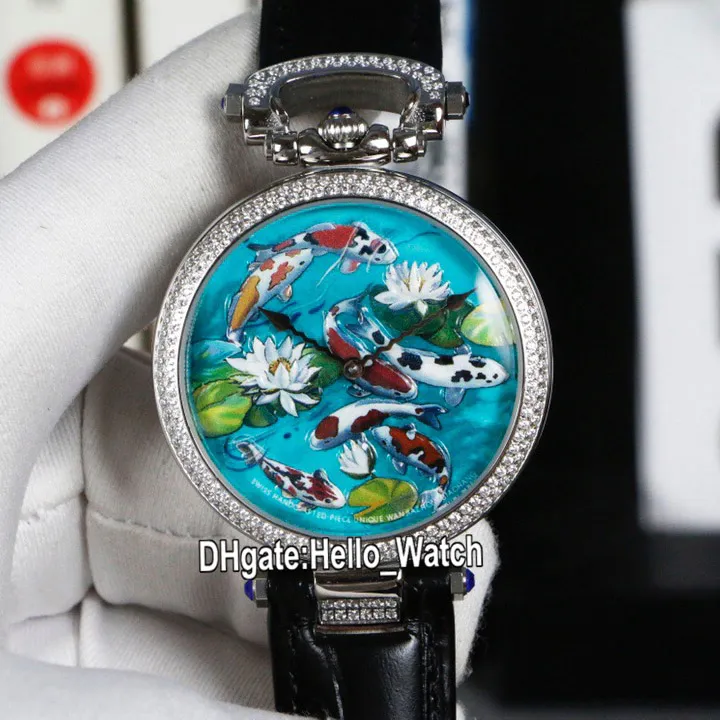 New Bovet 1822 Amadeo Fleurie 3D Koi Fish Lotus 다이얼 스위스 쿼츠 망 여성 유니섹스 시계 강철 다이아몬드 베젤 가죽 Hello_Watch