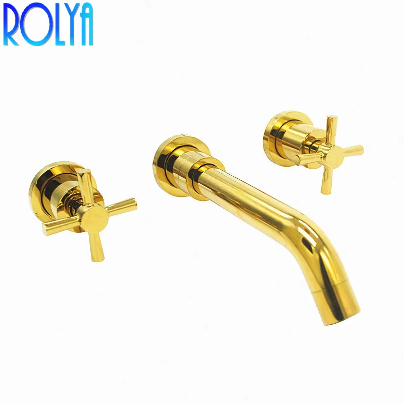 Golden Basin Faucet Solid Brass Konstruktion Dual Handtag Väggmontering Badrum Sink Faucet Mixer Set