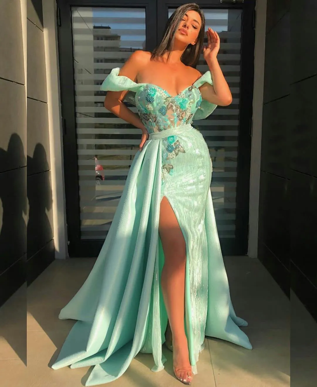 Sea green evening gowns hotsell