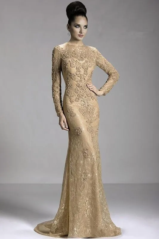 2021 Vintage Gold Champagne Matka panny młodej Suknie Mermaid Klejnot Neck Długie Rękawy Pełna Koronkowa Aplikacje Plus Size Party Dress Suknie wieczorowe