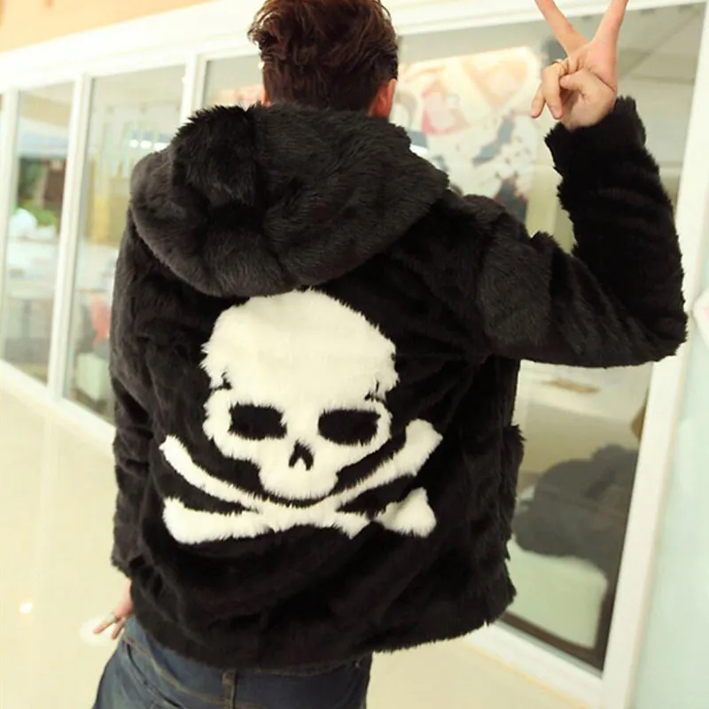 Leather Fur Overcoat Jacket For Men Skull Pattern Hoodie With Faux