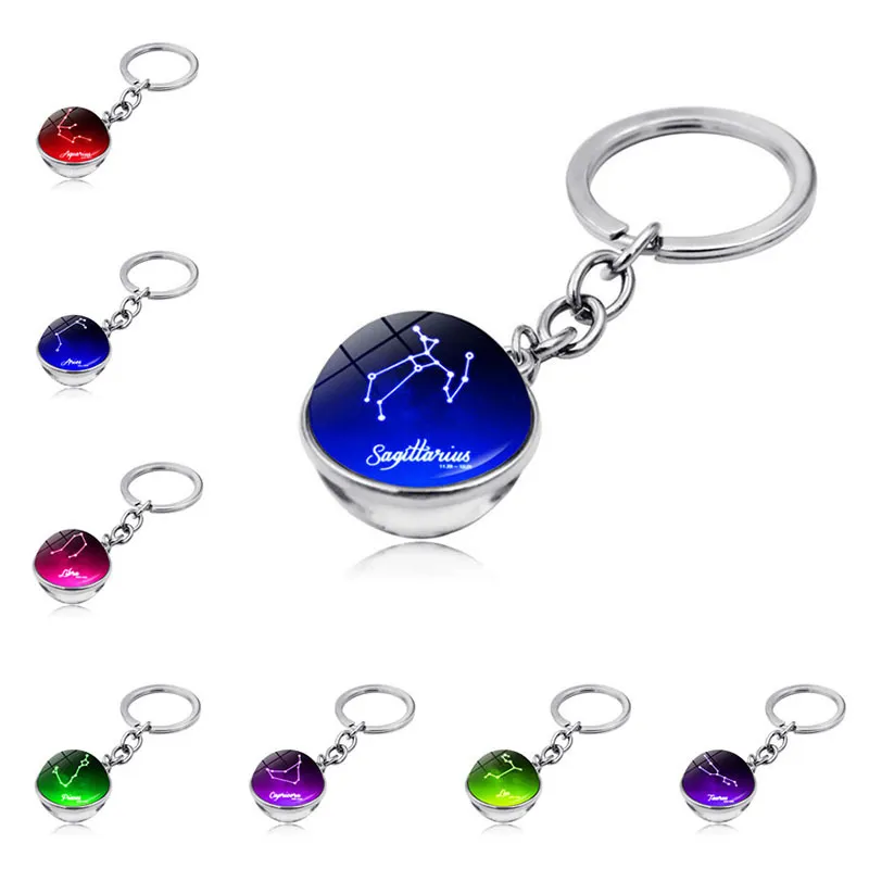 12 Constellation Keychains Double Side Cabochon Glass Ball Key Chain ...