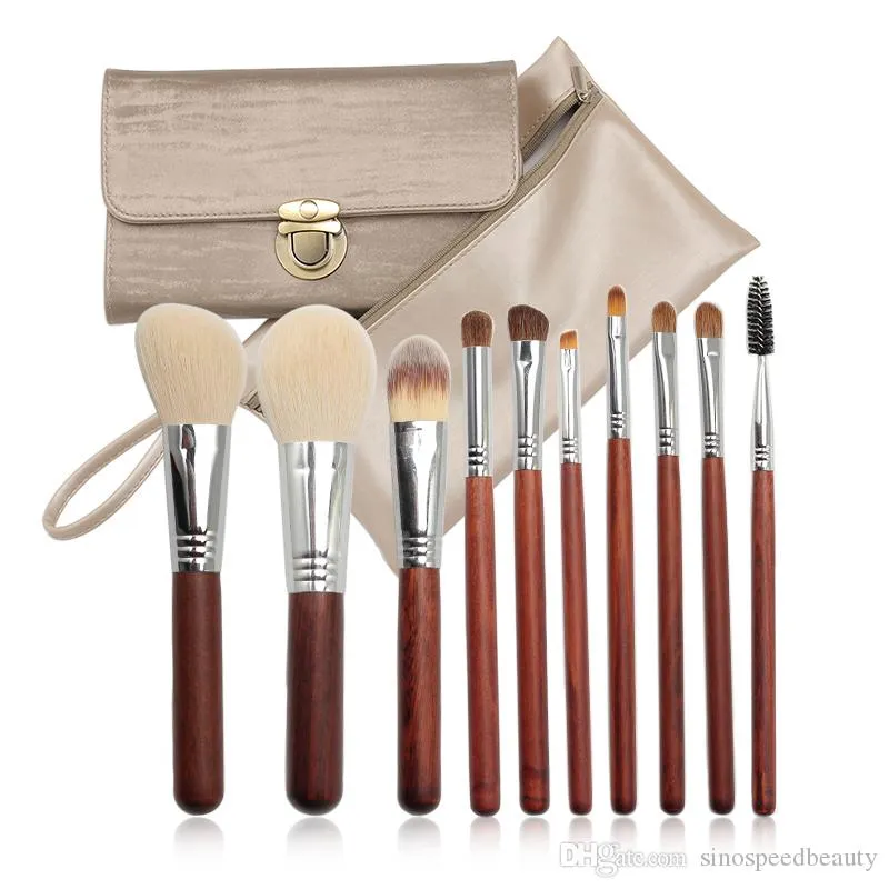 10 stks Wol Make-up Borstels Set Geit Haar Borstel Hout Cosmetische Schoonheid Tool Kit Oogschaduw Foundation Professionele borstels met tas Hot T0601