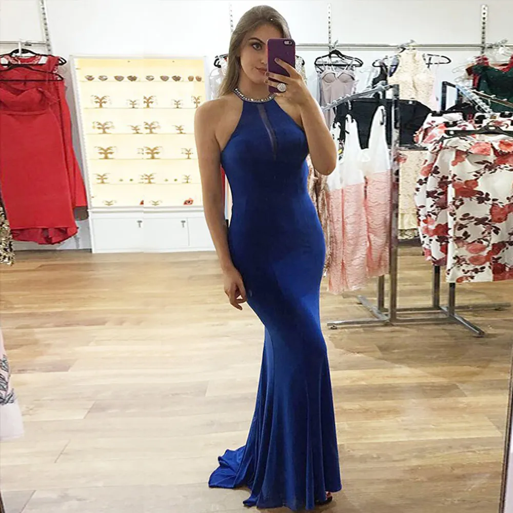 Royal Blue Luxury Beaded Crystal Mermaid Prom Dresses Crew Long 2019 Vestidos de Fiesta Largos Elegantes de Gala Backless Party Dress