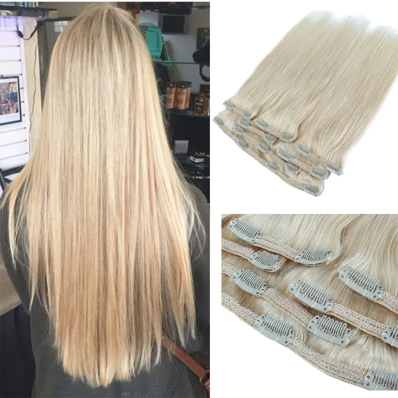 Bleek blonde rechte clip in hair extensions dikke einde 100 gram virginhair dybol