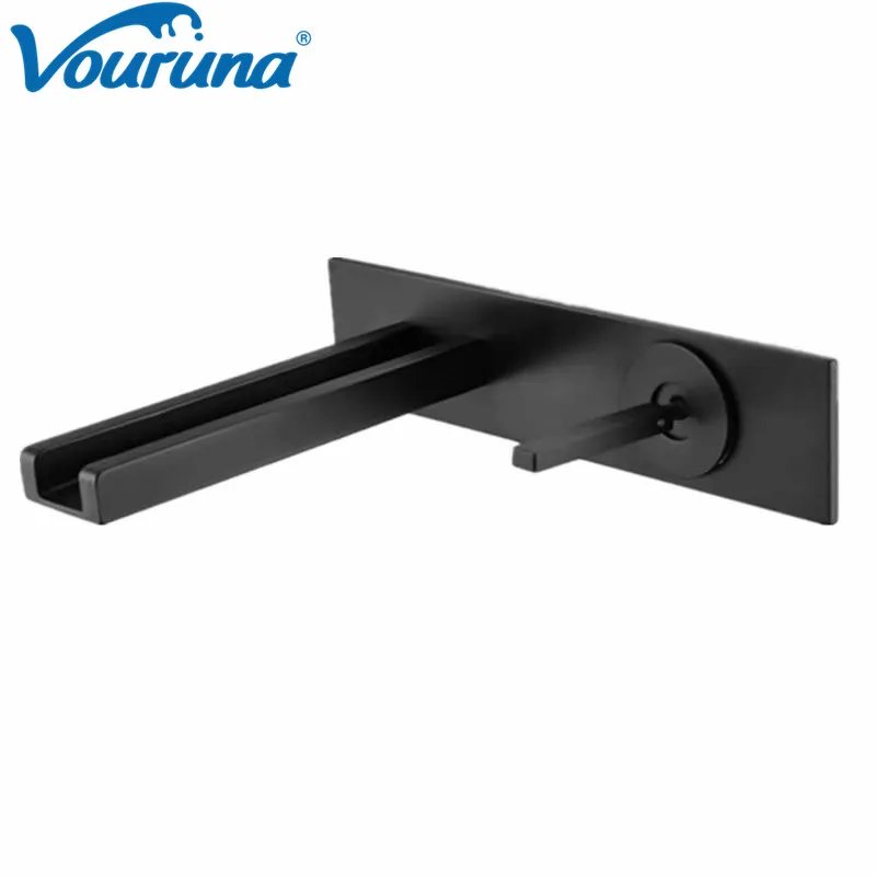 Grifo de lavabo de cascada negro Vouruna, grifo mezclador de lavabo de baño de estilo cuadrado montado en la pared, juego de caño de lavabo de pared cromado