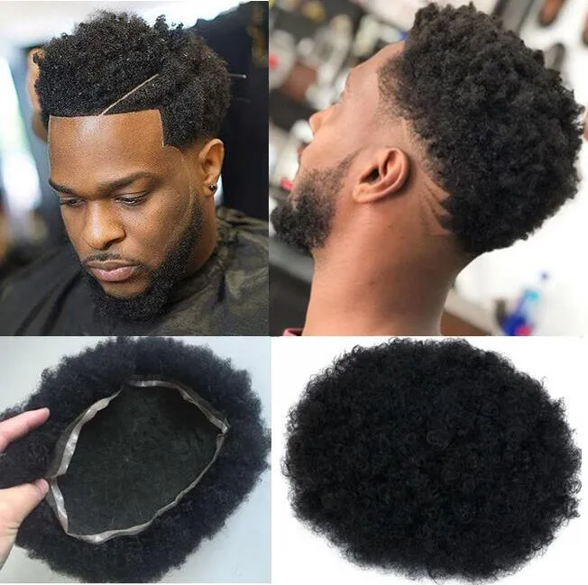 Männer Haarperücken Herren Haarteile Afro Curl Full Spitze Toupee Jet Schwarze Farbe # 1 Indische Jungfrau Menschliches Haar Ersatz für schwarze Männer