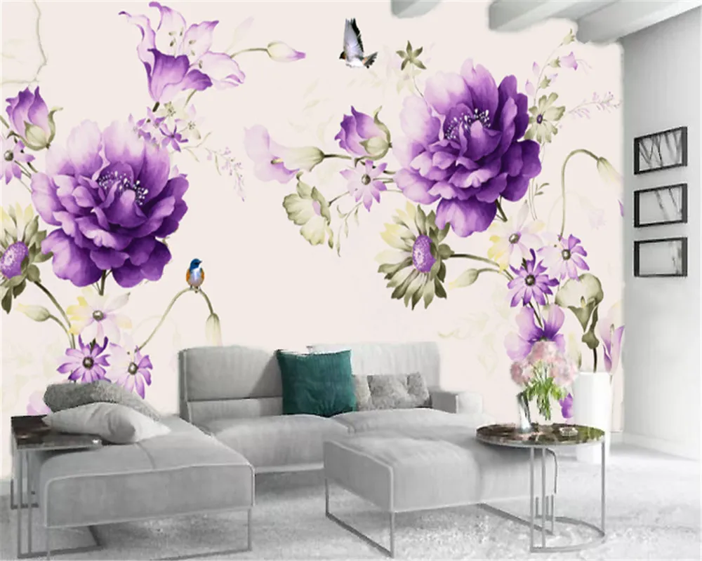 Ev dekor 3d duvar kağıdı kuşlar etrafında uçan kuşlar narin mor çiçekler Premium atmosferik iç dekorasyon duvar kağıdı