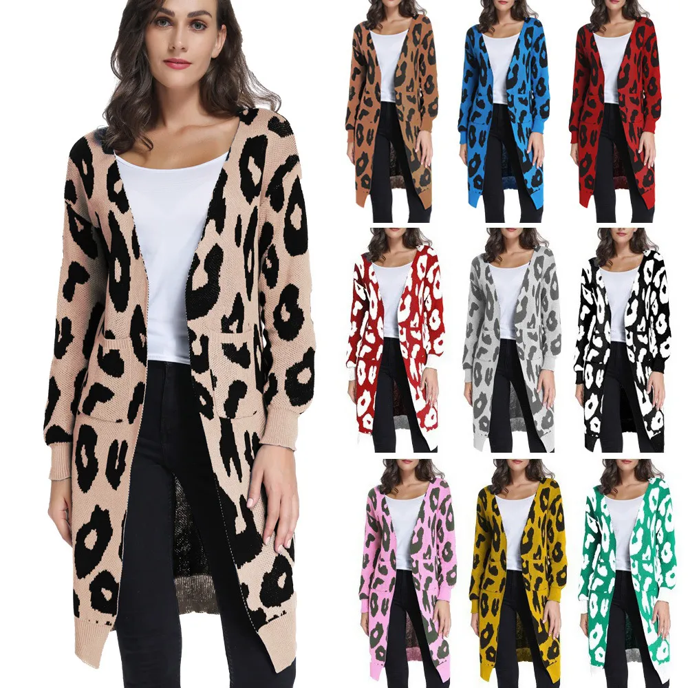 Leopard print long cardigans winter clothes women open stitch autumn pockets slim casual knitted sweater coat Cardigan