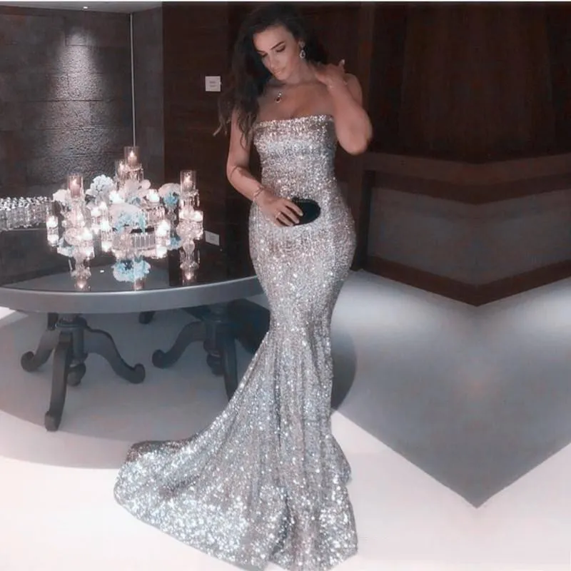 2019 Sexy bretelles argent sirène robes de bal paillettes scintillantes longues robes de soirée formelles pas cher Vintage tenue de fête