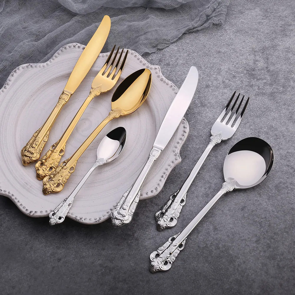 고급 레트로 Flatware 세트 실버 골드 스테인레스 스틸 칼 붙이 세트 나이프 포크 스푼 스쿠프 4pcs 식기 세트 식기 세트 DBC BH3088