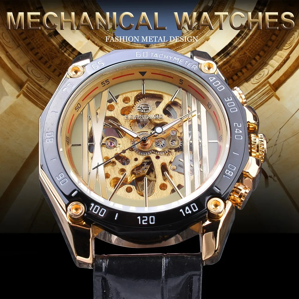 Forsining – montre squelette doré pour hommes, montre-bracelet automatique à remontage automatique, marque de luxe, mains lumineuses, noir, Band319a