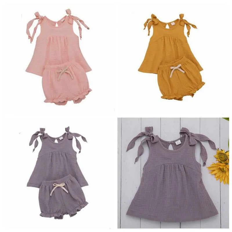 Girls Summer Cotton Linen Suits Kids Bowknot Sling Shorts 2Pcs Set Baby Suspenders Shirt Ruffles Shorts Outfits Clothing Sets ZYQA469