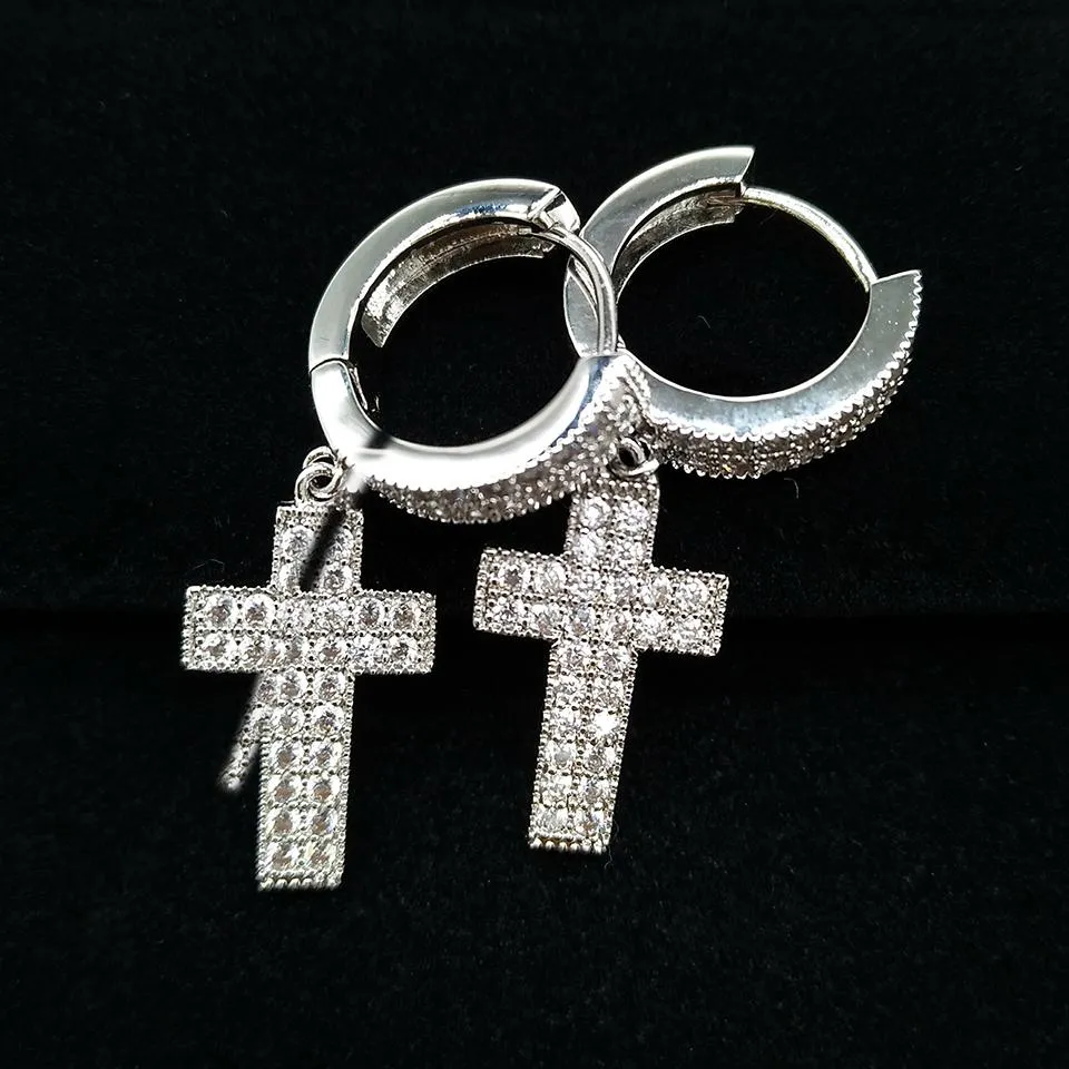 Brand Fashion Unisex Bling Goud en Wit Vergulde Diamond Cross Oorringen Hip Hop Rapper Iced Out Sieraden Geschenken voor Vrouwen en Mannen