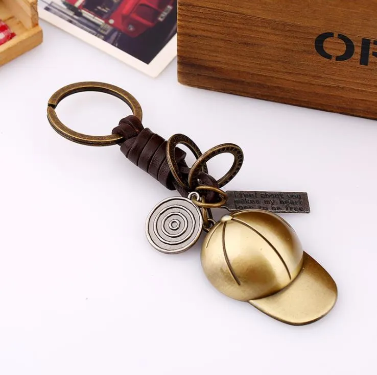 Fashion Cowboy Hat Metal Keychain Classic Punk Handmade Leather Key Chain For Men Women rucksack buckle car key ring holder