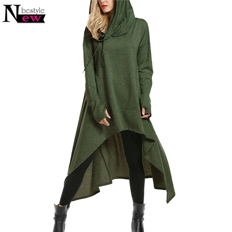 Newbestyle Women's Oversized High Low String Hoodies Tunika Hooded Sweatshirts Lös långärmad Swing Klänning med Pocket Pullover Y190830