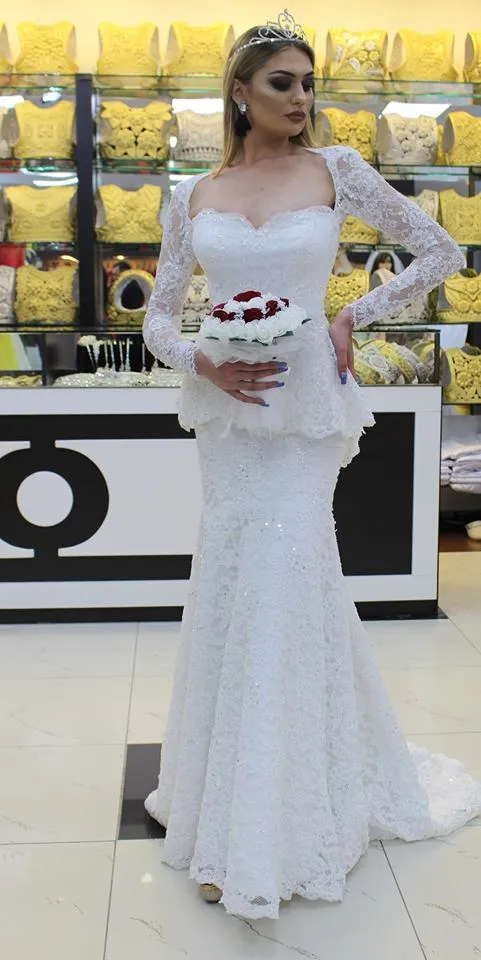 Mermaid White Lace Långärmad Abiti da Sposa Billiga Afrikanska Vintage Bröllopsklänning Turkiet 2019 Nya Princess Bridal Bröllopsklänningar Sydafrika