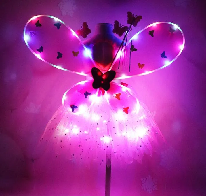 Girl LED Butterfly Wings Set with Glow Tutu Skirt Fairy Wand Headband Fairy Princess Light Up Party Carnival Costume gift 2-8T