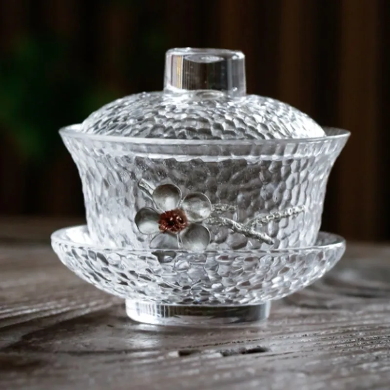 Tetera de cristal de flores Gaiwan resistente al calor para té, taza de té Puer Gaiwan, tazas de té de regalo delicadas