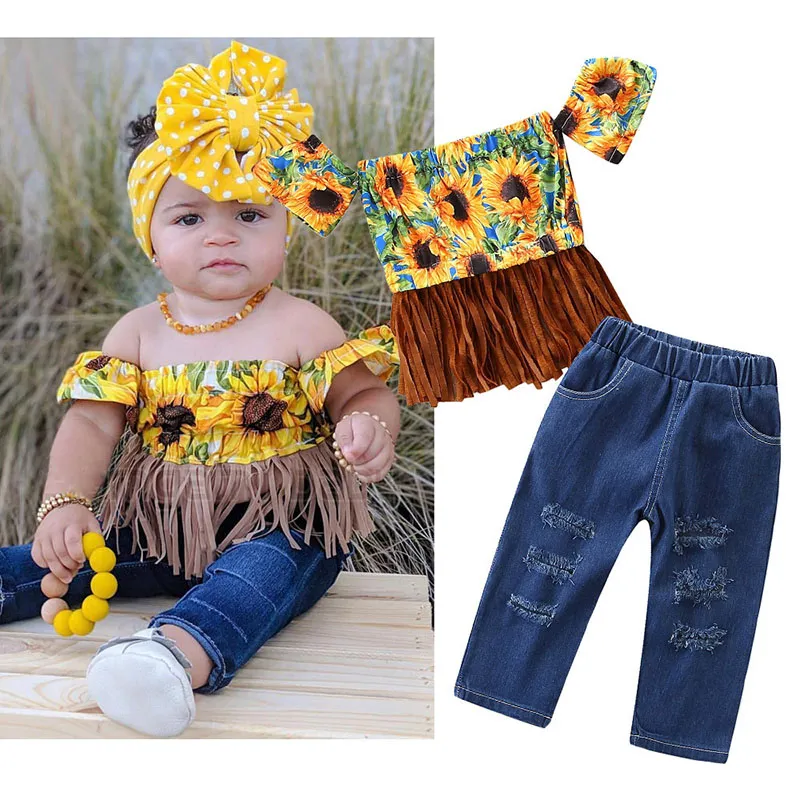 Baby girls designer outfits children Sunflower off shoulder tassel top+Denim pants 2pcs/set 2019 Summer fashion kids Clothing Sets C6452