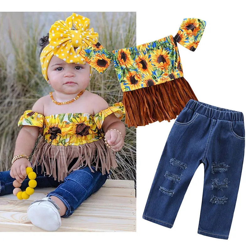 Baby meisjes ontwerper outfits kinderen zonnebloem off shoulder tassel top + denim broek 2 stks / set 2019 zomer mode kids kleding sets C6452