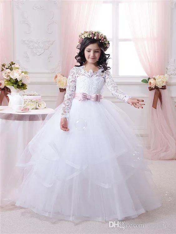 2020 brancos vestidos da menina de flor para casamentos longo Lace luva Meninas Pageant Vestidos Primeira Comunhão Vestido Little Girls Bola Vestidos Hot Sale