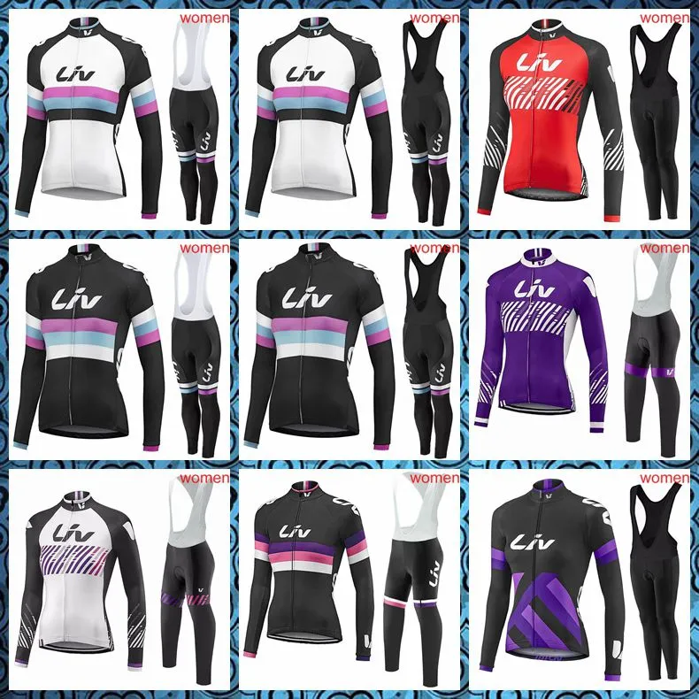 Liv Team Cycling Långärmade Jersey (Bib) Byxor Ställer kvinnor högkvalitativ tunn mode Andningsbar cykel Sportkläder Gel Pad C2029