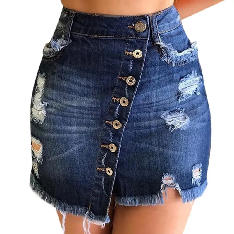 Plus size mini saias das mulheres verão streetwear casual denim buraco botão saia feminina faldas mujer moda 2019