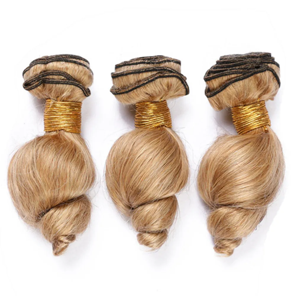 # 27 Extensions de cheveux humains bruns clairs à vague lâche Faisceaux de cheveux humains blond miel 300 grammes Cheveux vierges malaisiens blonds ondulés tisse 10-30 "