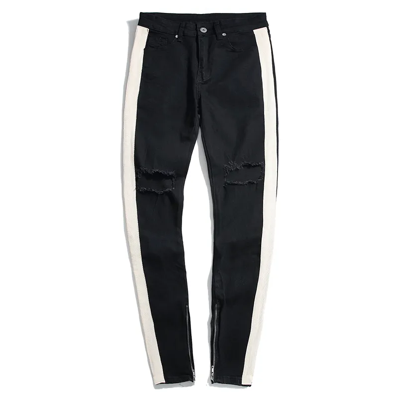 Skinny Mens Designer White Brand fashionabla rippade randiga jeans Fashion Slim Drawstring Biker Pants Black Blue Byxor