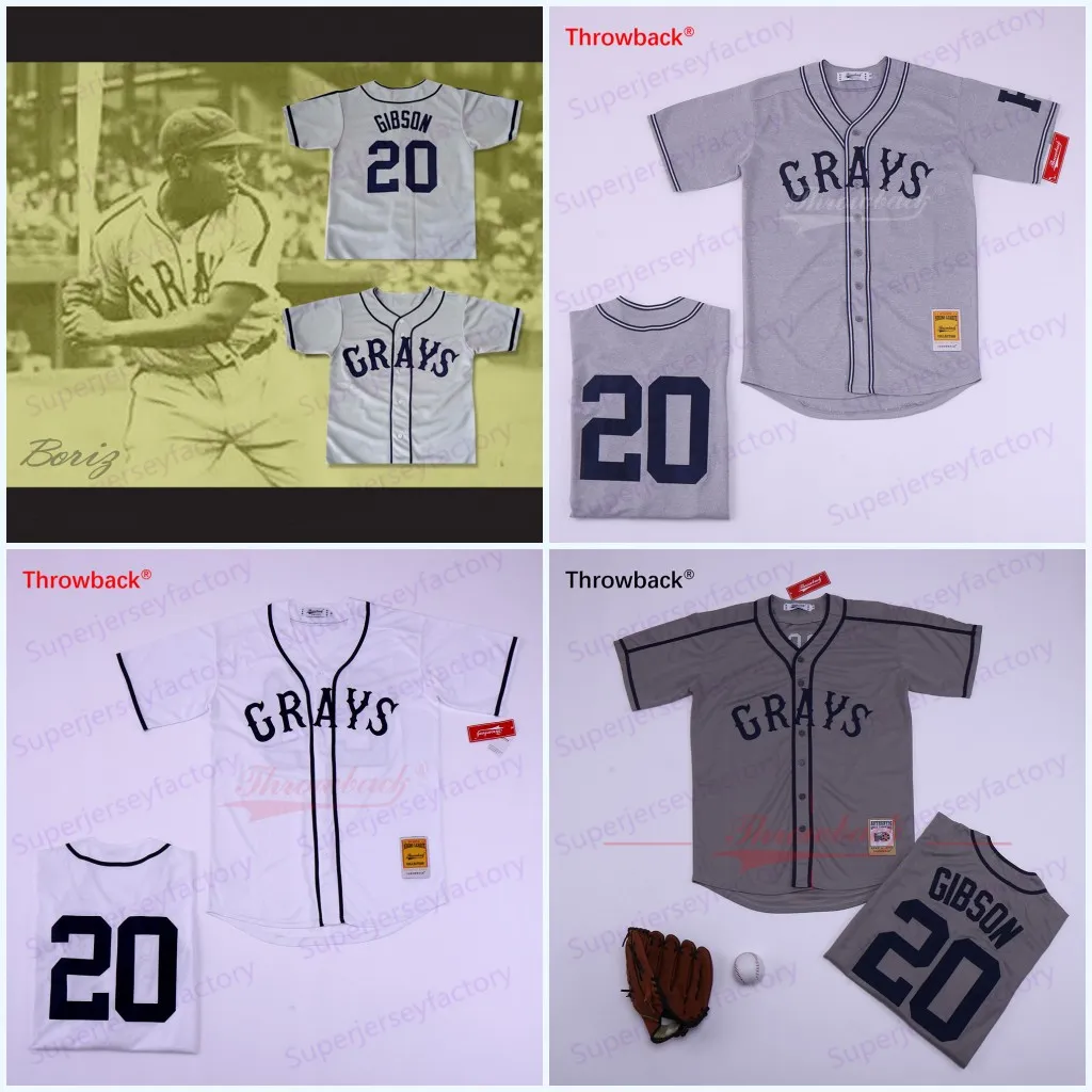 20 Josh GIBSON Jersey Homestead Greys Negro League Button Down Maglie da baseball bianche grigie