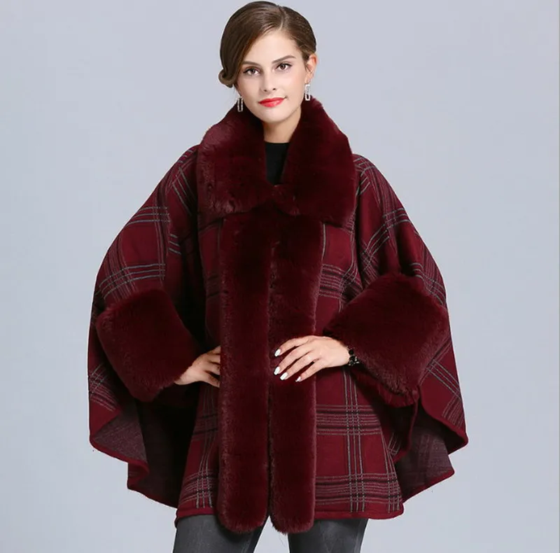 Kvinna Faux Fox Fur Kontrollera Plaid Tartan Cape Poncho Cardigan Knitting Lady Shawl Stal Wraps tröja # 4144