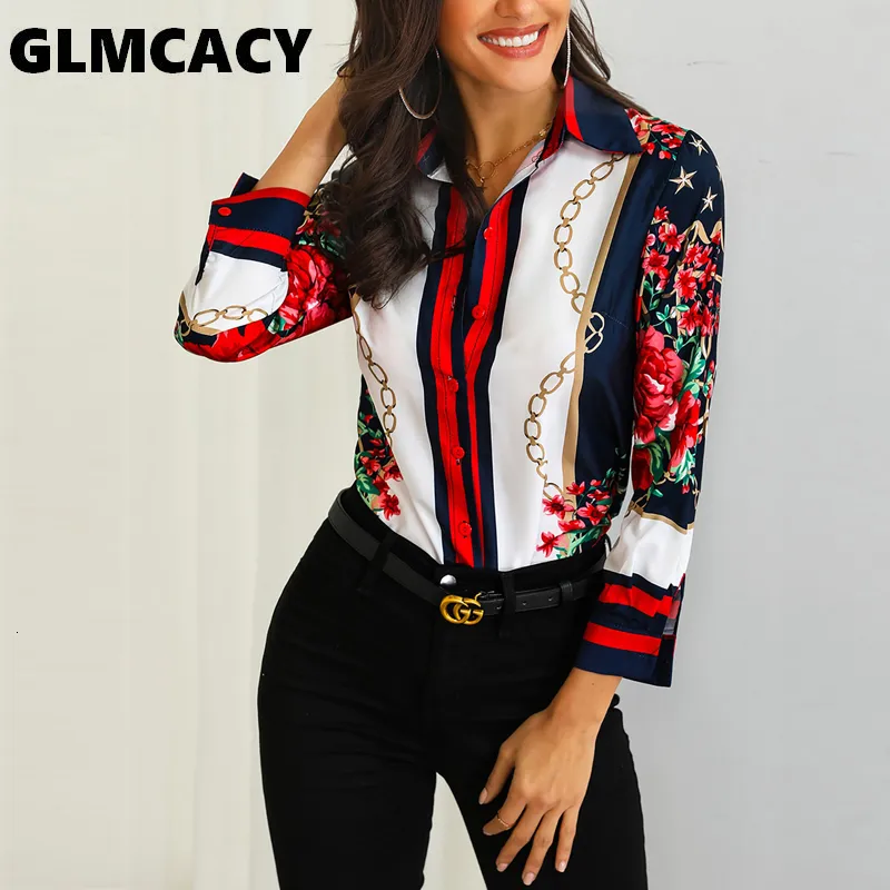 Las cadenas florales de las mujeres imprimen la blusa ocasional Bohemian Chiffon Turn-down Collar Streetwear Elegant Office Lady Primavera Otoño Camisas SH190906